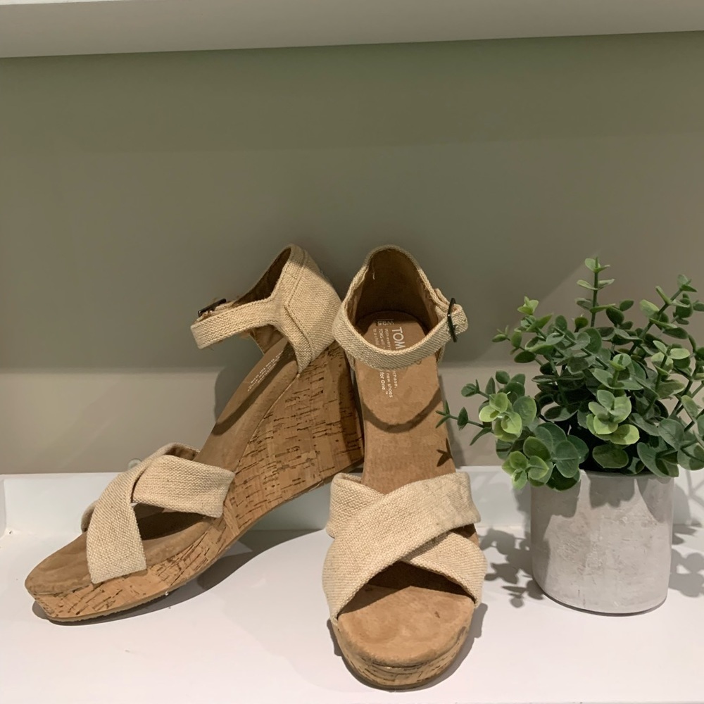 TOMS Cork and Canvas Wedge Sandals